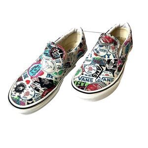 Vans Off The Wall Men 8.5 Slip On Skater Sneaker Shoe Sticker Mash-Up BMX Canvas